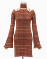 Random Ribbed Plaid Knitted Dress With Choker - brown