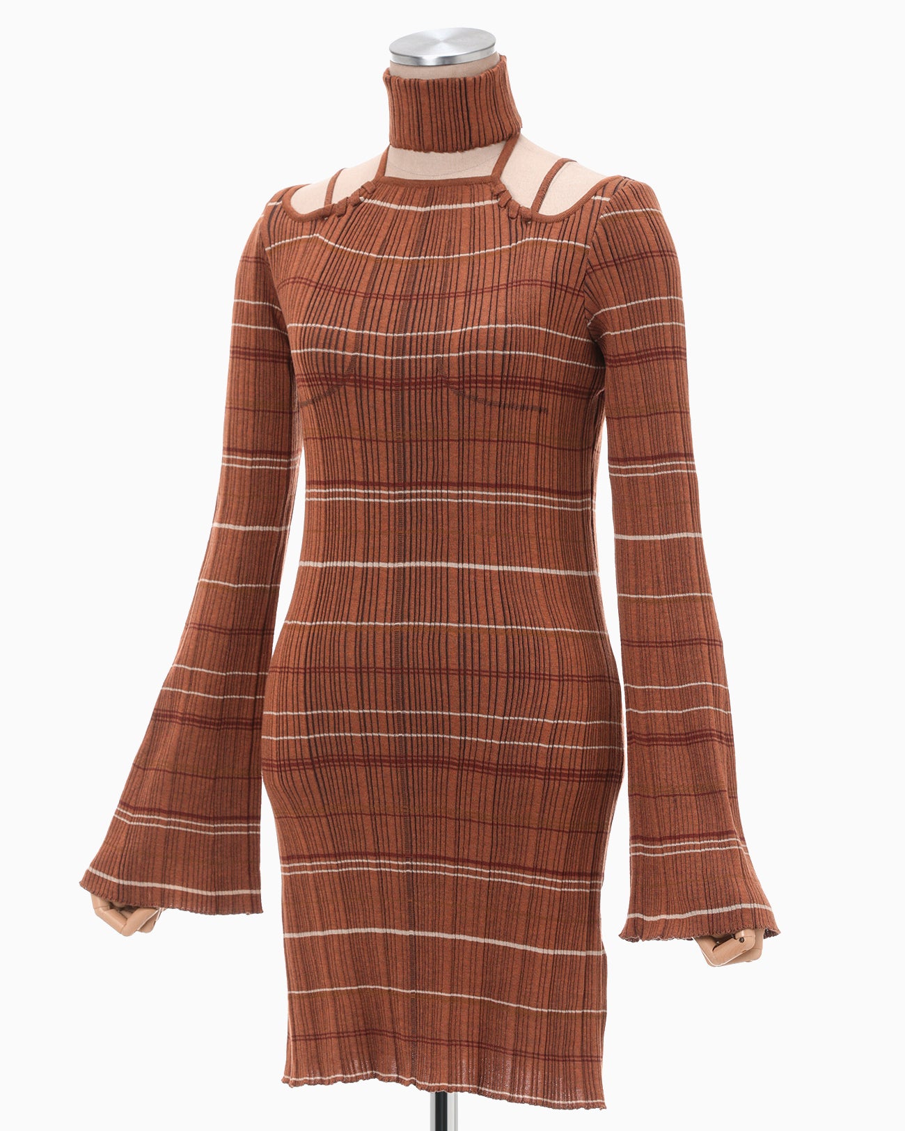 Random Ribbed Plaid Knitted Dress With Choker - brown
