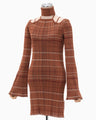 Random Ribbed Plaid Knitted Dress With Choker - brown