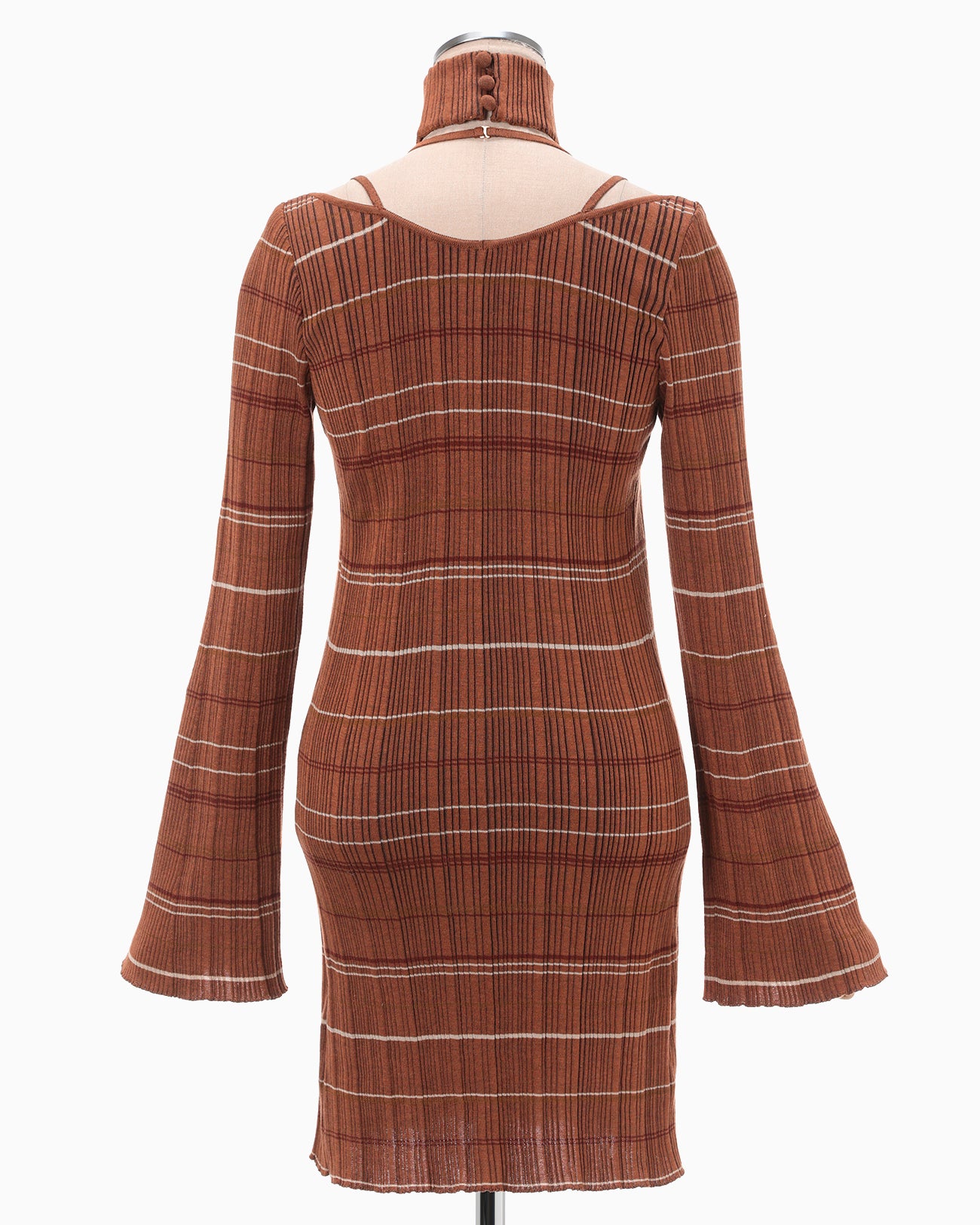 Random Ribbed Plaid Knitted Dress With Choker - brown