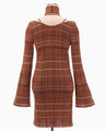 Random Ribbed Plaid Knitted Dress With Choker - brown