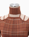 Random Ribbed Plaid Knitted Dress With Choker - brown