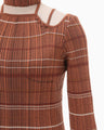 Random Ribbed Plaid Knitted Dress With Choker - brown