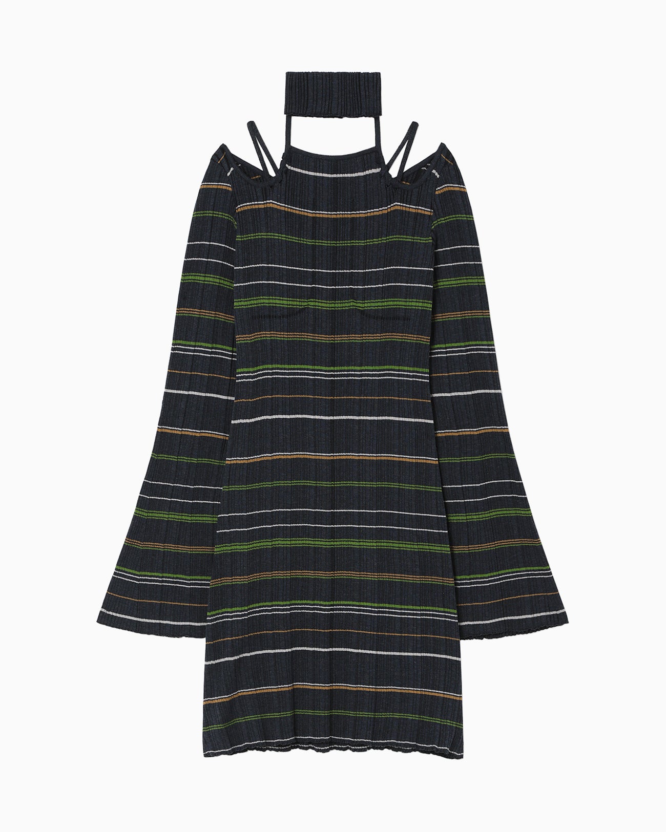 Random Ribbed Plaid Knitted Dress With Choker - navy