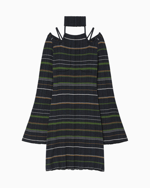 Random Ribbed Plaid Knitted Dress With Choker - navy