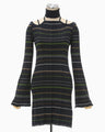 Random Ribbed Plaid Knitted Dress With Choker - navy