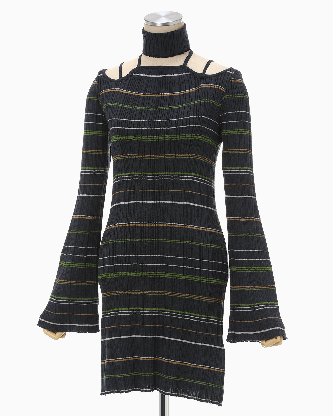 Random Ribbed Plaid Knitted Dress With Choker - navy