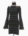 Random Ribbed Plaid Knitted Dress With Choker - navy