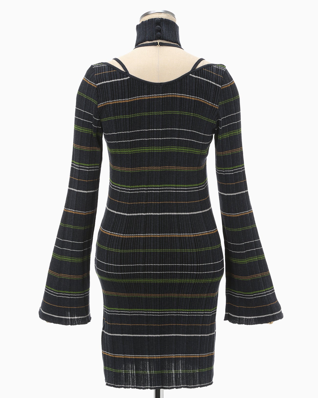 Random Ribbed Plaid Knitted Dress With Choker - navy