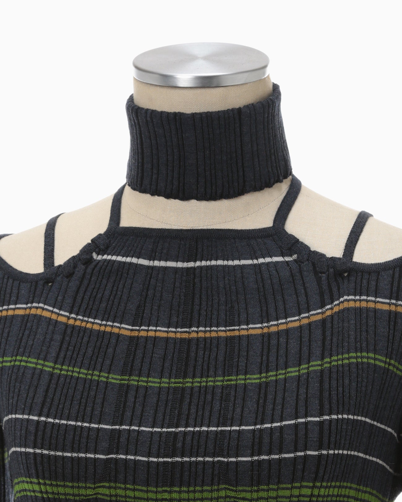 Random Ribbed Plaid Knitted Dress With Choker - navy