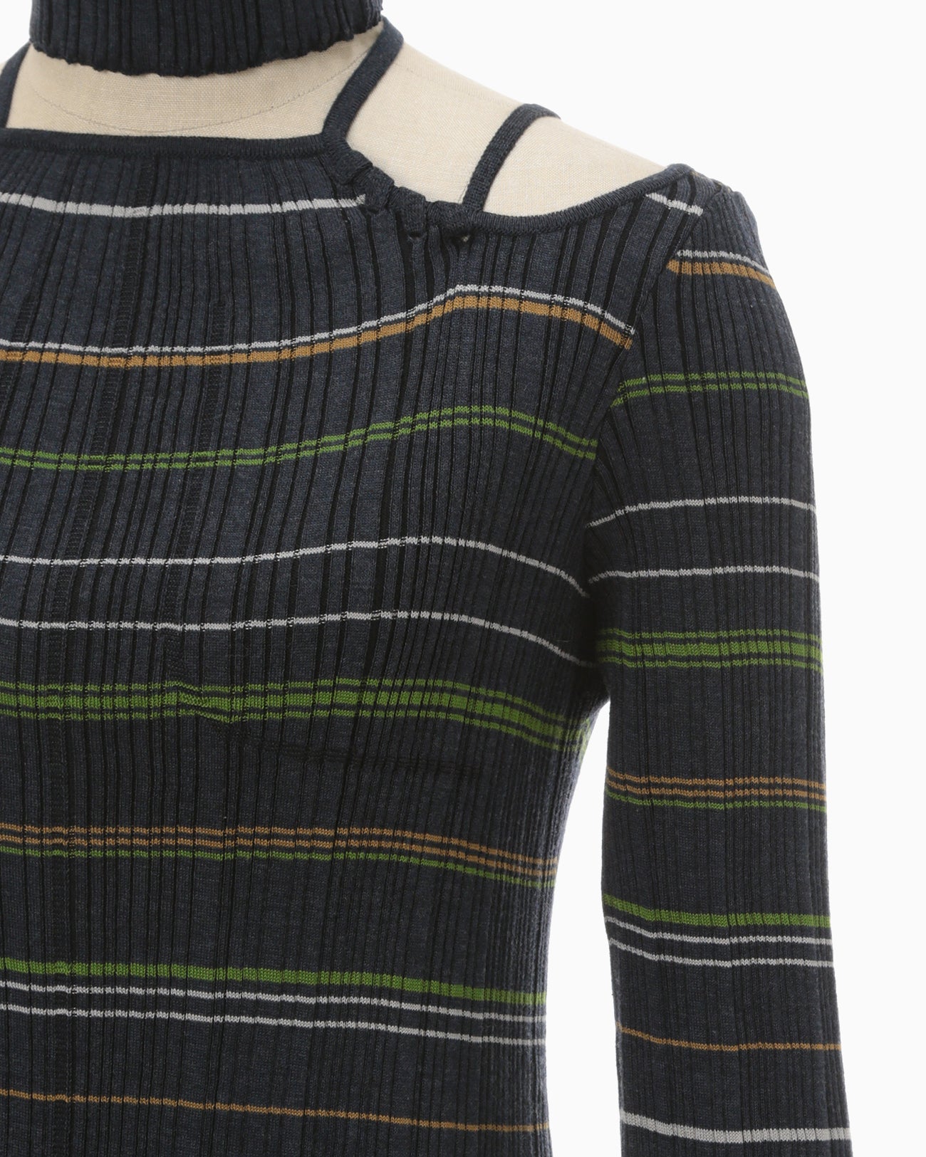 Random Ribbed Plaid Knitted Dress With Choker - navy
