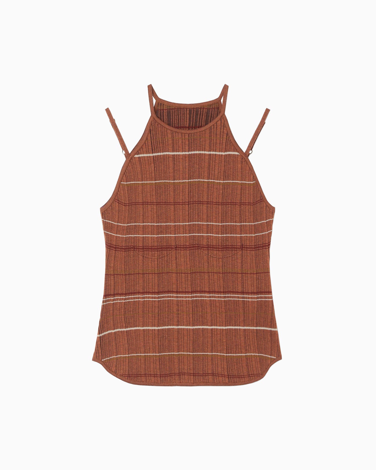 Random Ribbed Plaid Knitted Top - brown