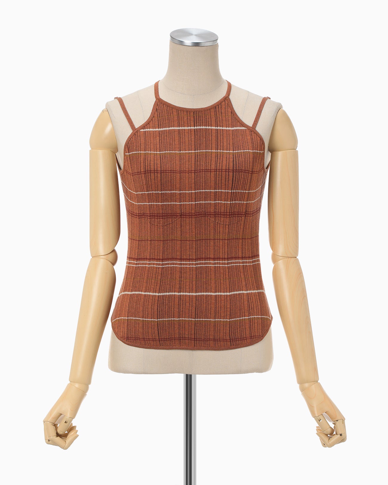 Random Ribbed Plaid Knitted Top - brown