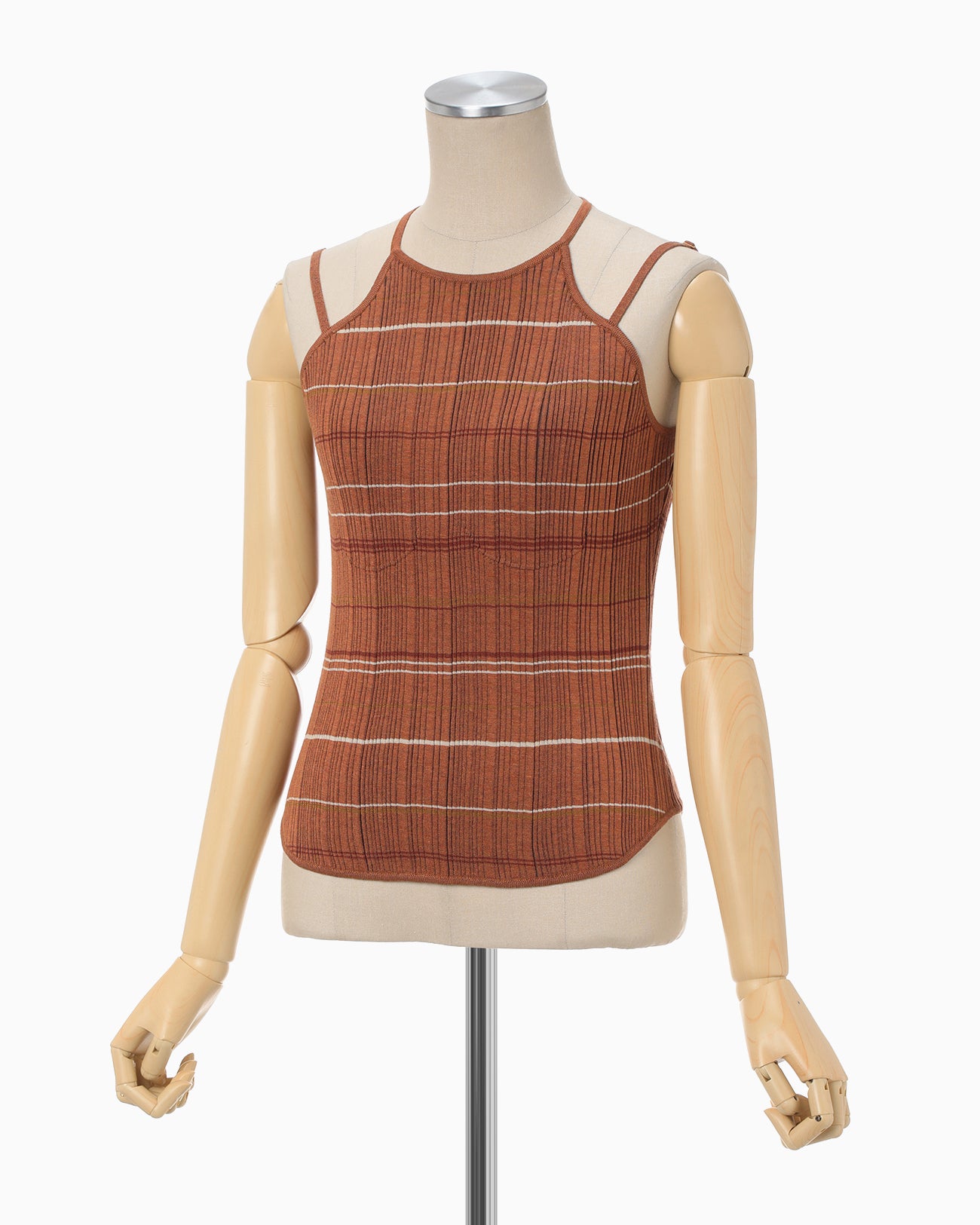 Random Ribbed Plaid Knitted Top - brown