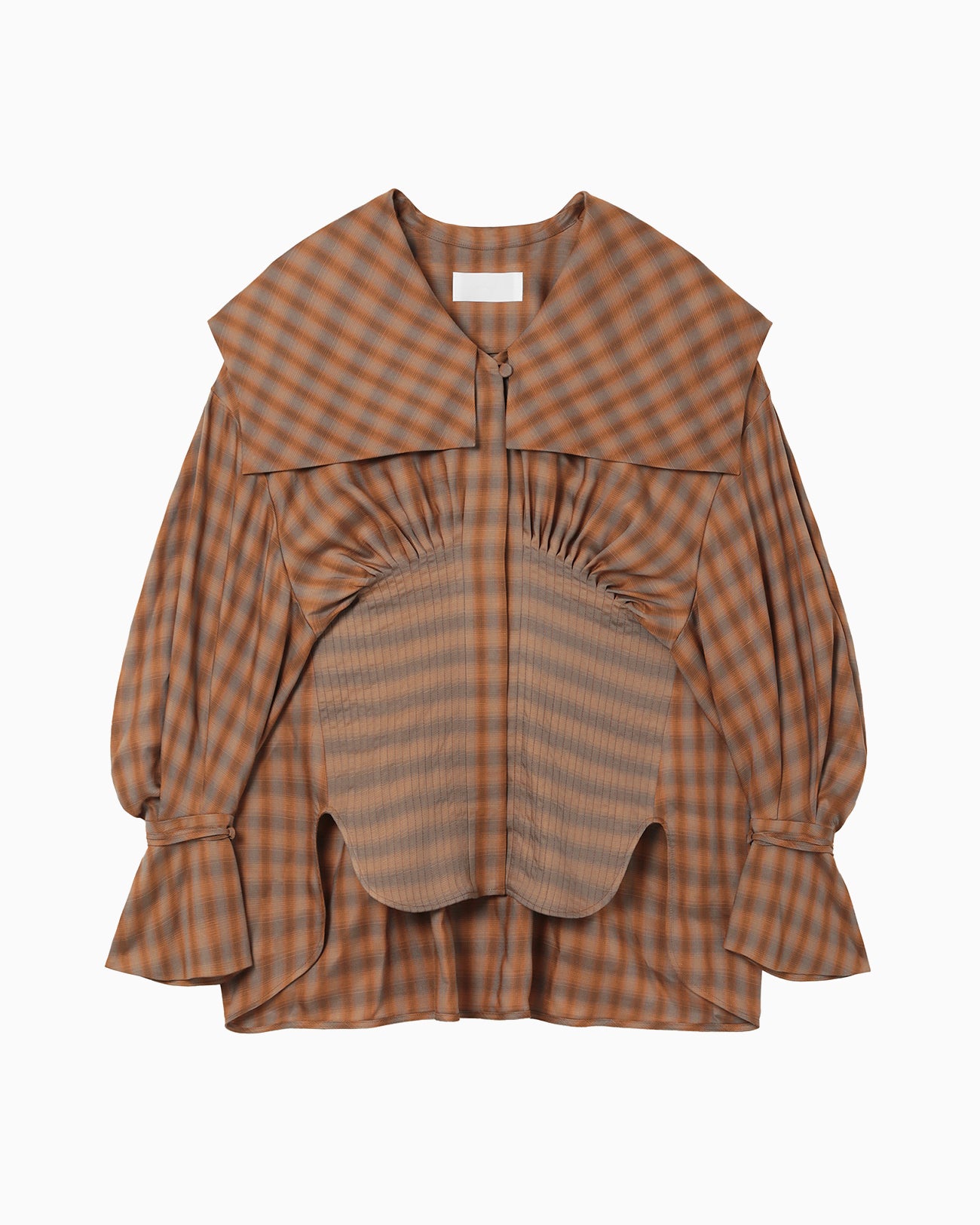 Linen Mix Ombre Check Sailor Collar Blouse - brown