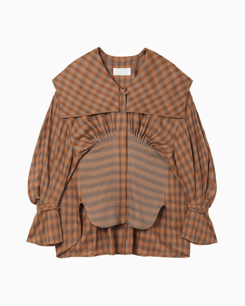 Linen Mix Ombre Check Sailor Collar Blouse - brown