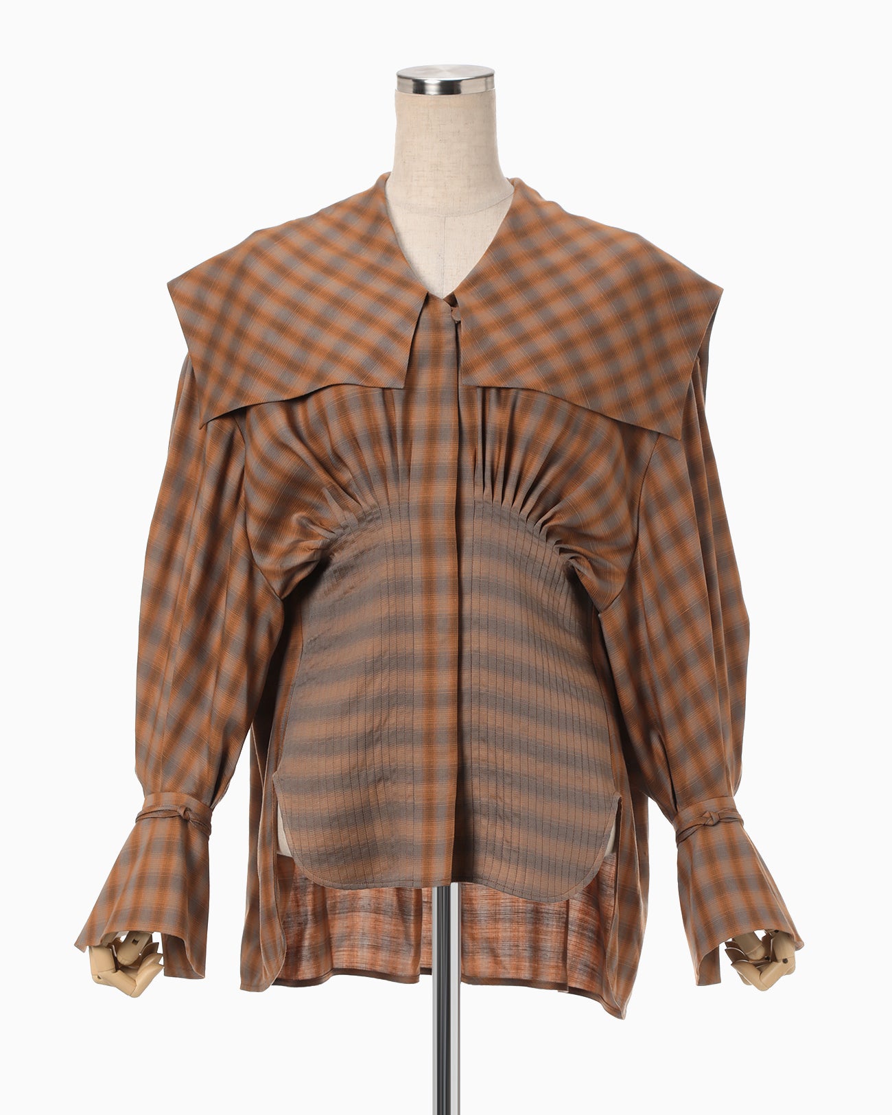 Linen Mix Ombre Check Sailor Collar Blouse - brown