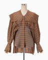 Linen Mix Ombre Check Sailor Collar Blouse - brown