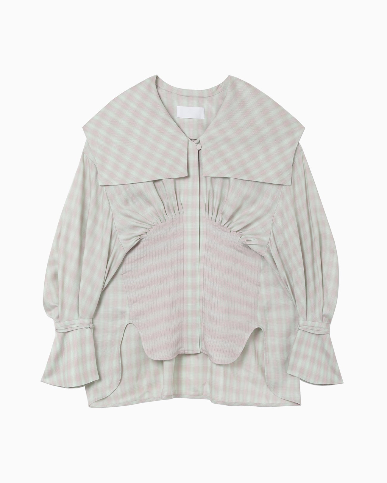 Linen Mix Ombre Check Sailor Collar Blouse - mint green