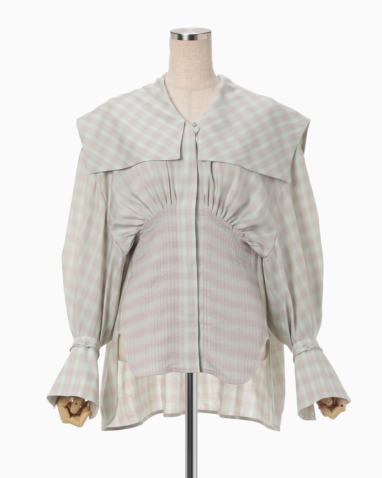Linen Mix Ombre Check Sailor Collar Blouse - mint green