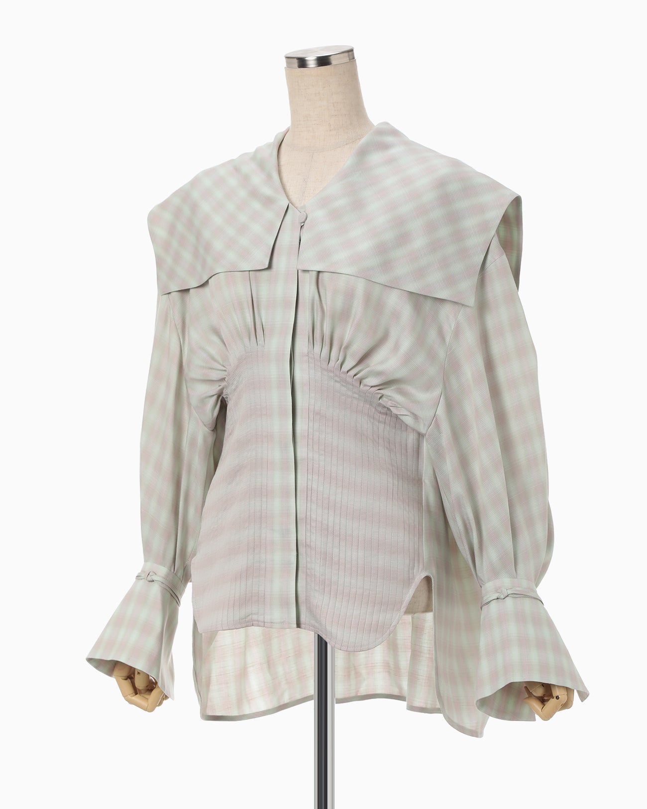 Linen Mix Ombre Check Sailor Collar Blouse - mint green