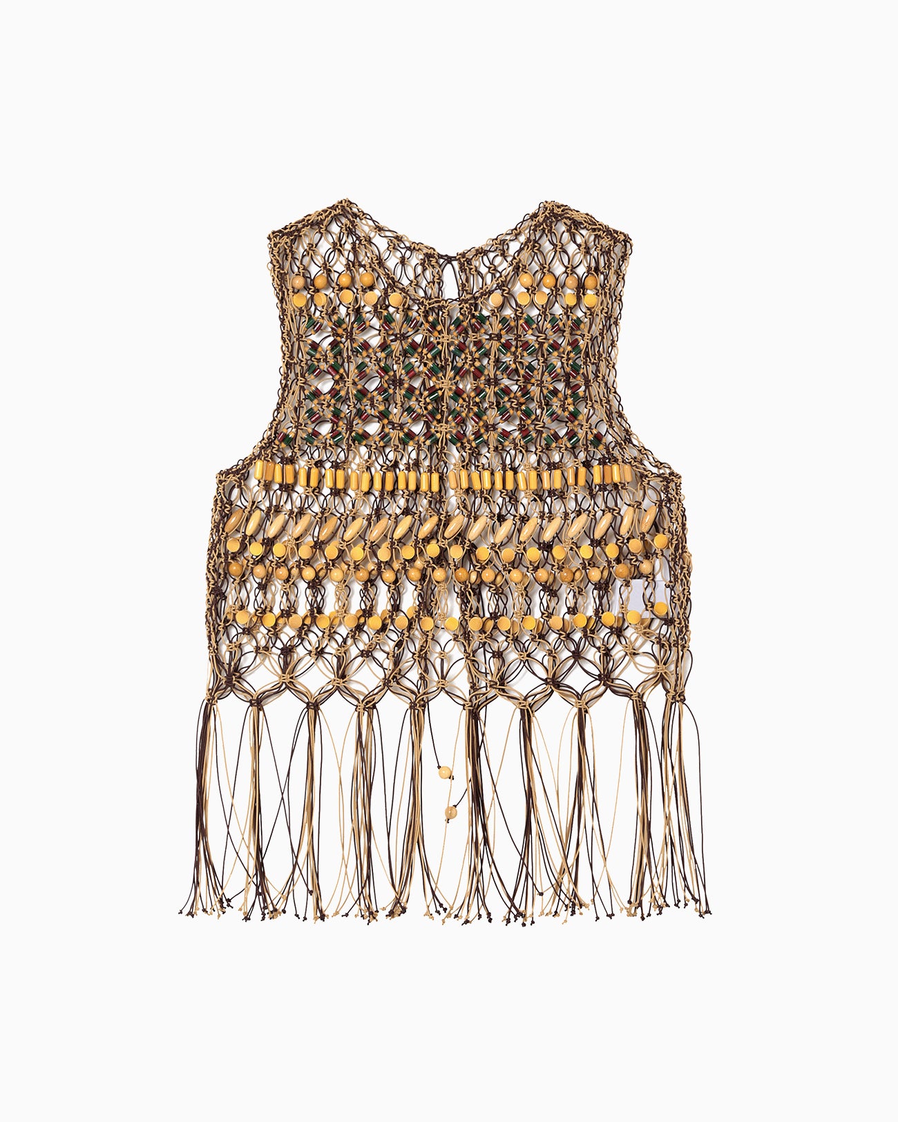 Bamboo Beaded Macrame Fringe Vest - brown