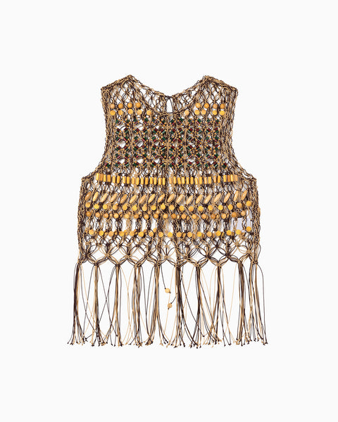 Bamboo Beaded Macrame Fringe Vest - brown