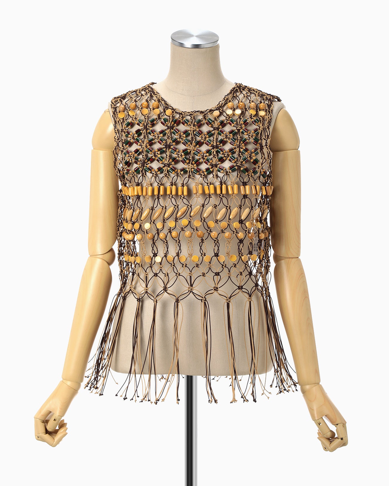 Bamboo Beaded Macrame Fringe Vest - brown