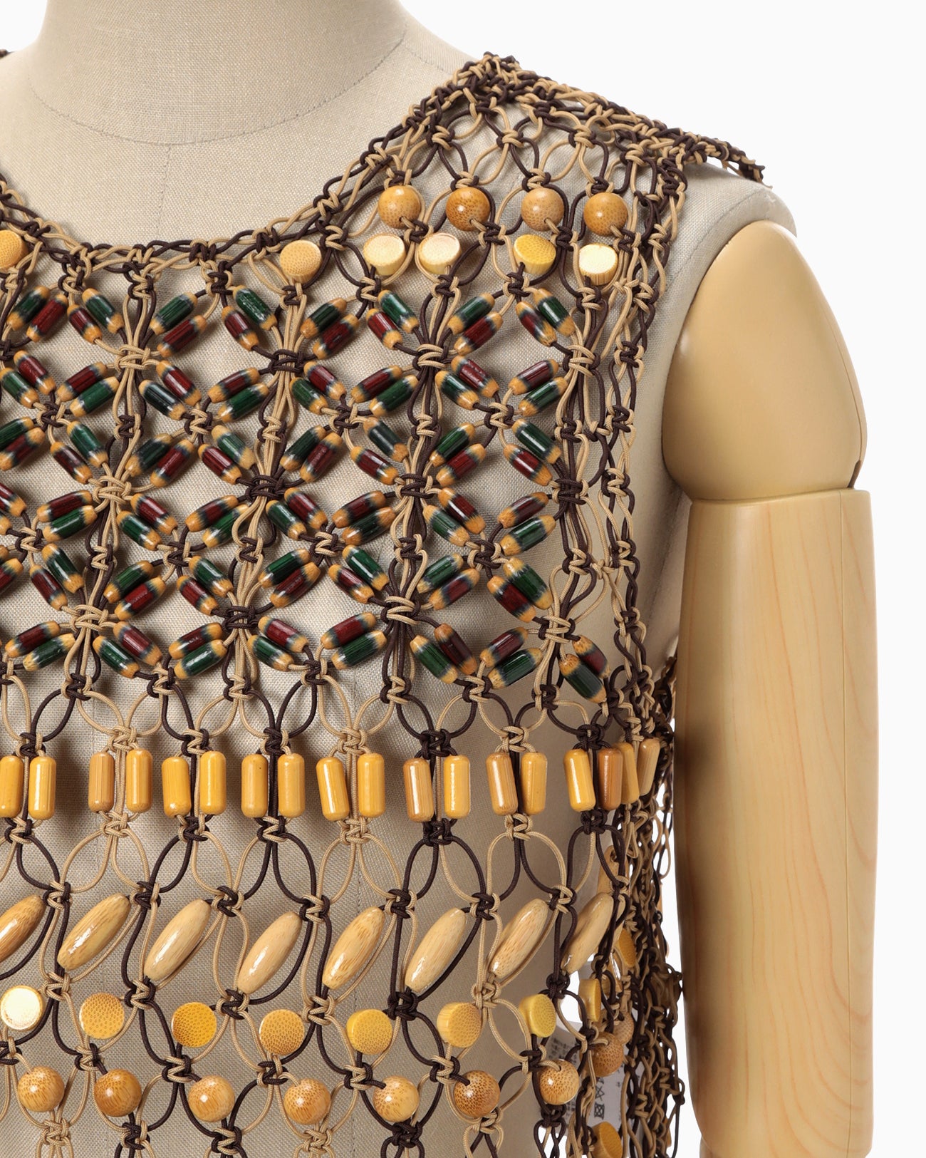 Bamboo Beaded Macrame Fringe Vest - brown
