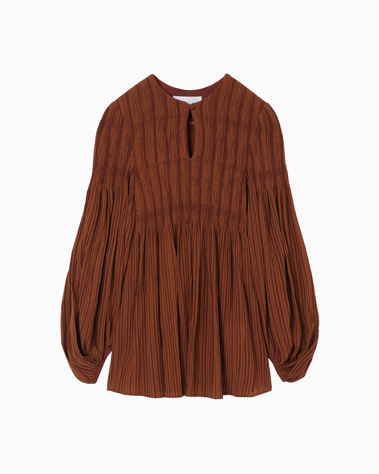 Stripe Shirring Jacquard Puff Sleeve Top - brown