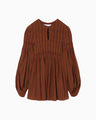 Stripe Shirring Jacquard Puff Sleeve Top - brown