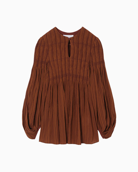 Stripe Shirring Jacquard Puff Sleeve Top - brown