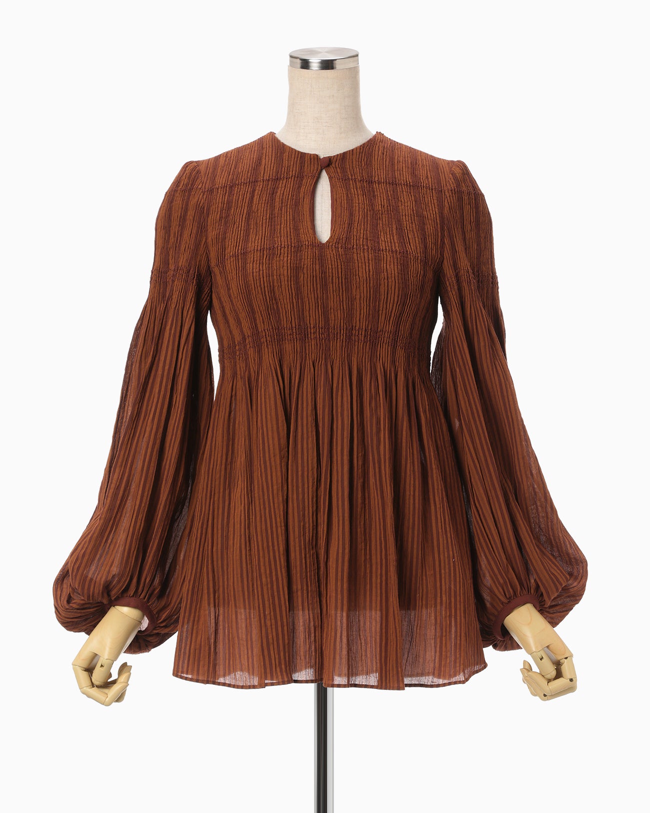 Stripe Shirring Jacquard Puff Sleeve Top - brown