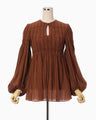 Stripe Shirring Jacquard Puff Sleeve Top - brown