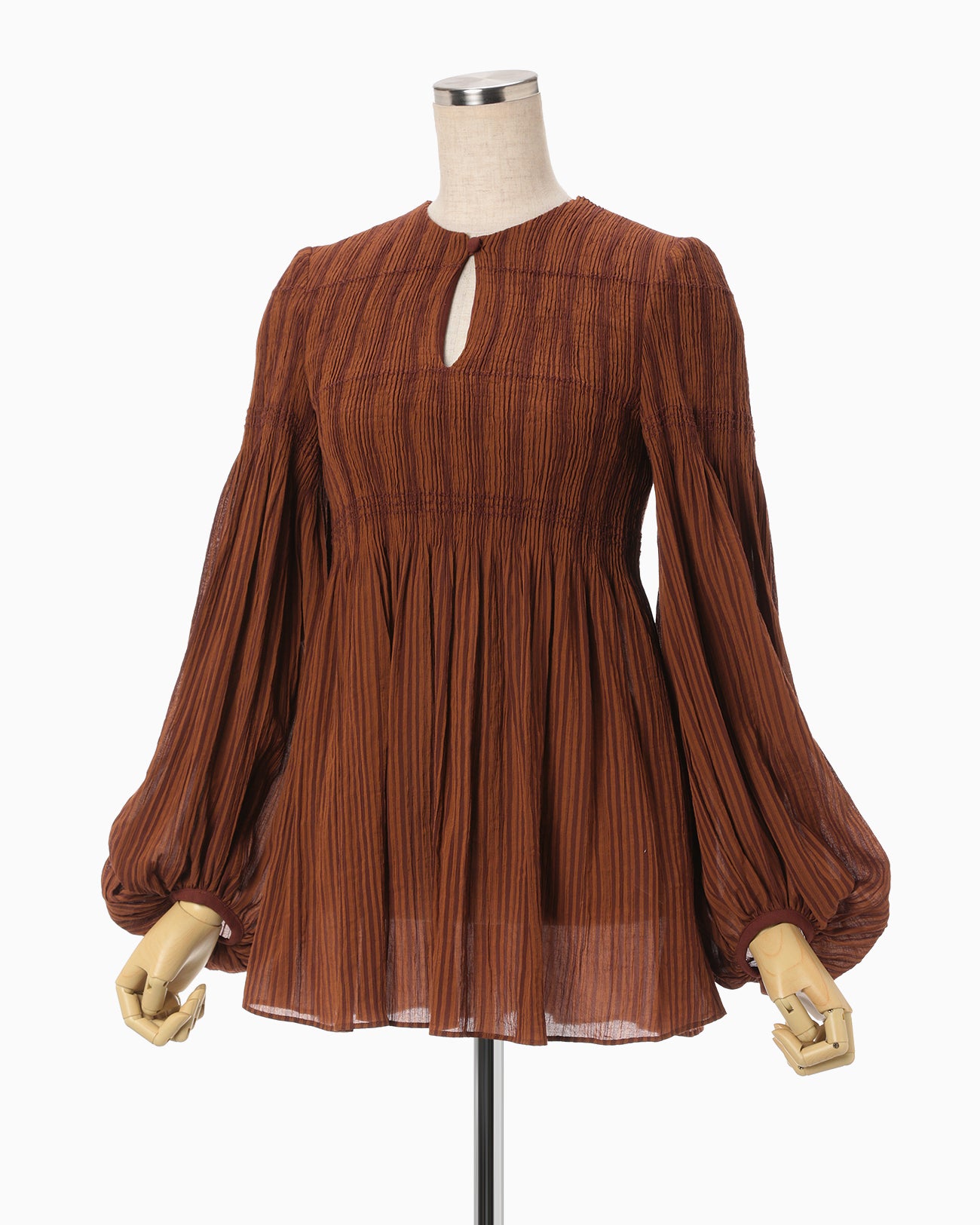 Stripe Shirring Jacquard Puff Sleeve Top - brown