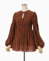 Stripe Shirring Jacquard Puff Sleeve Top - brown
