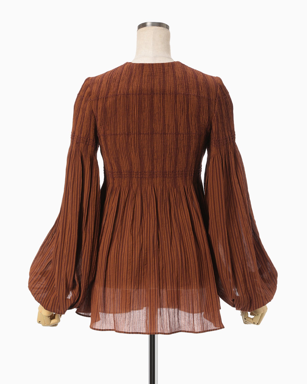 Stripe Shirring Jacquard Puff Sleeve Top - brown
