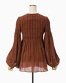 Stripe Shirring Jacquard Puff Sleeve Top - brown