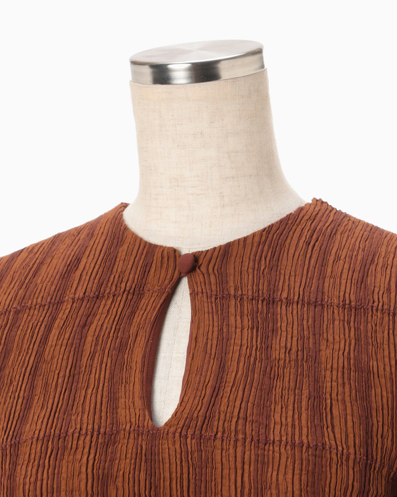 Stripe Shirring Jacquard Puff Sleeve Top - brown