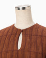 Stripe Shirring Jacquard Puff Sleeve Top - brown