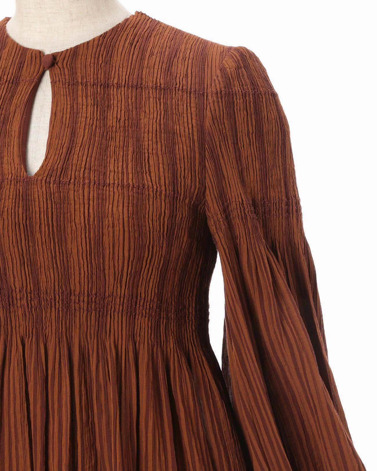 Stripe Shirring Jacquard Puff Sleeve Top - brown