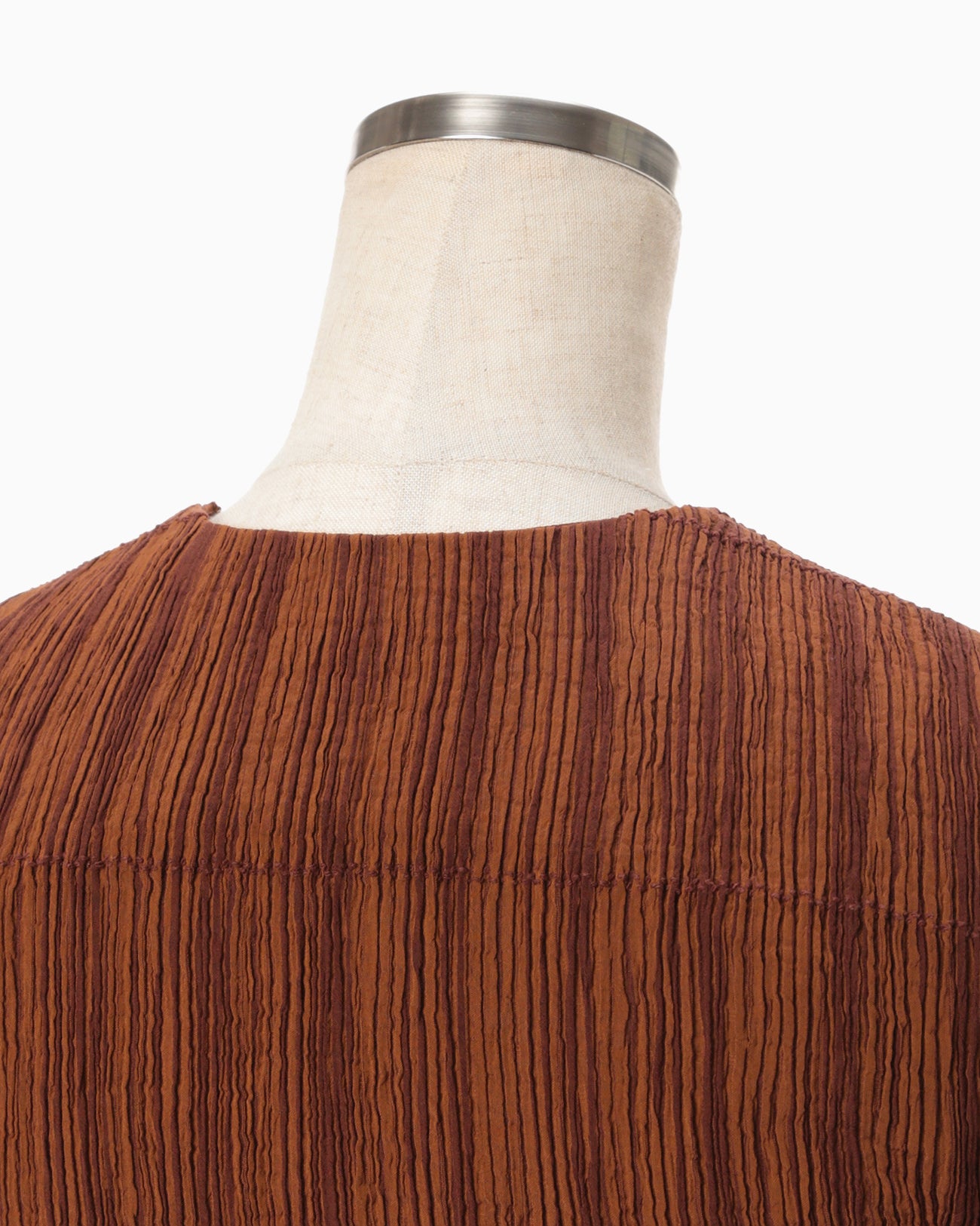 Stripe Shirring Jacquard Puff Sleeve Top - brown