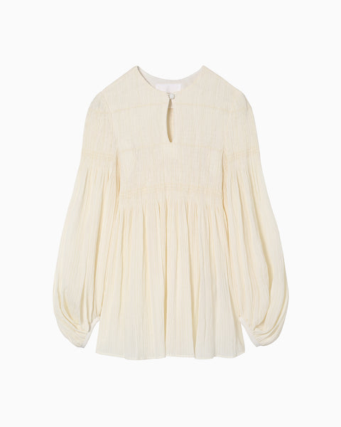 Stripe Shirring Jacquard Puff Sleeve Top - ecru