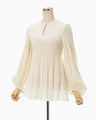 Stripe Shirring Jacquard Puff Sleeve Top - ecru