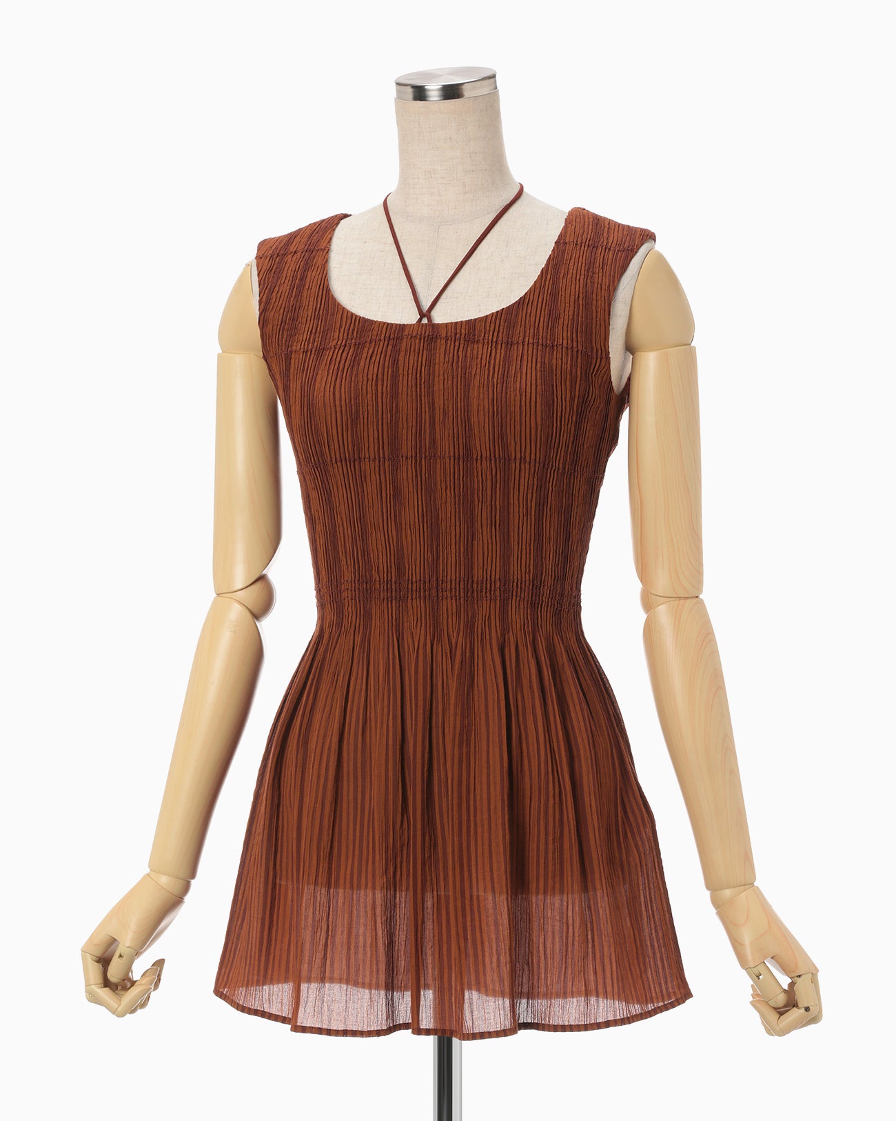 Stripe Shirring Jacquard Sleeveless Top - brown