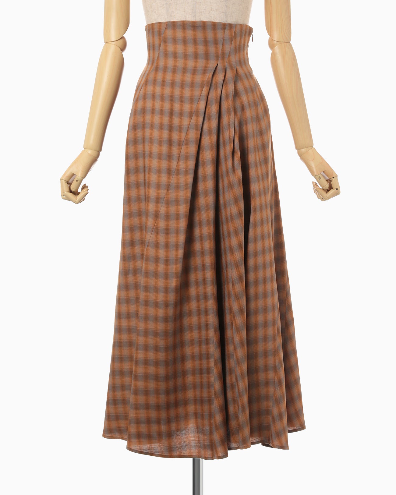 Linen Mix Ombre Check Flare Skirt - brown