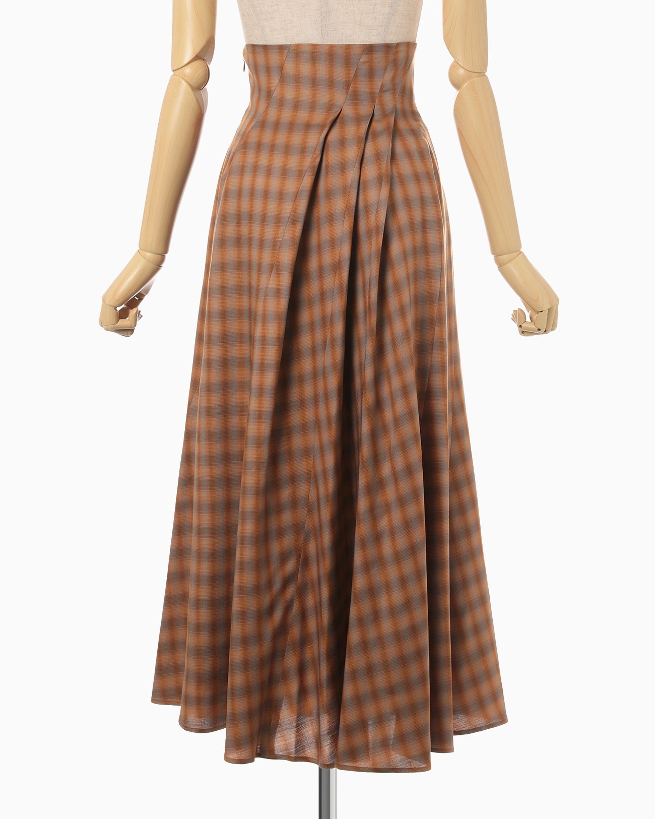Linen Mix Ombre Check Flare Skirt - brown