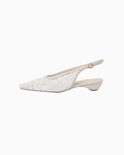 Cording Embroidery Sling Back Heels - white