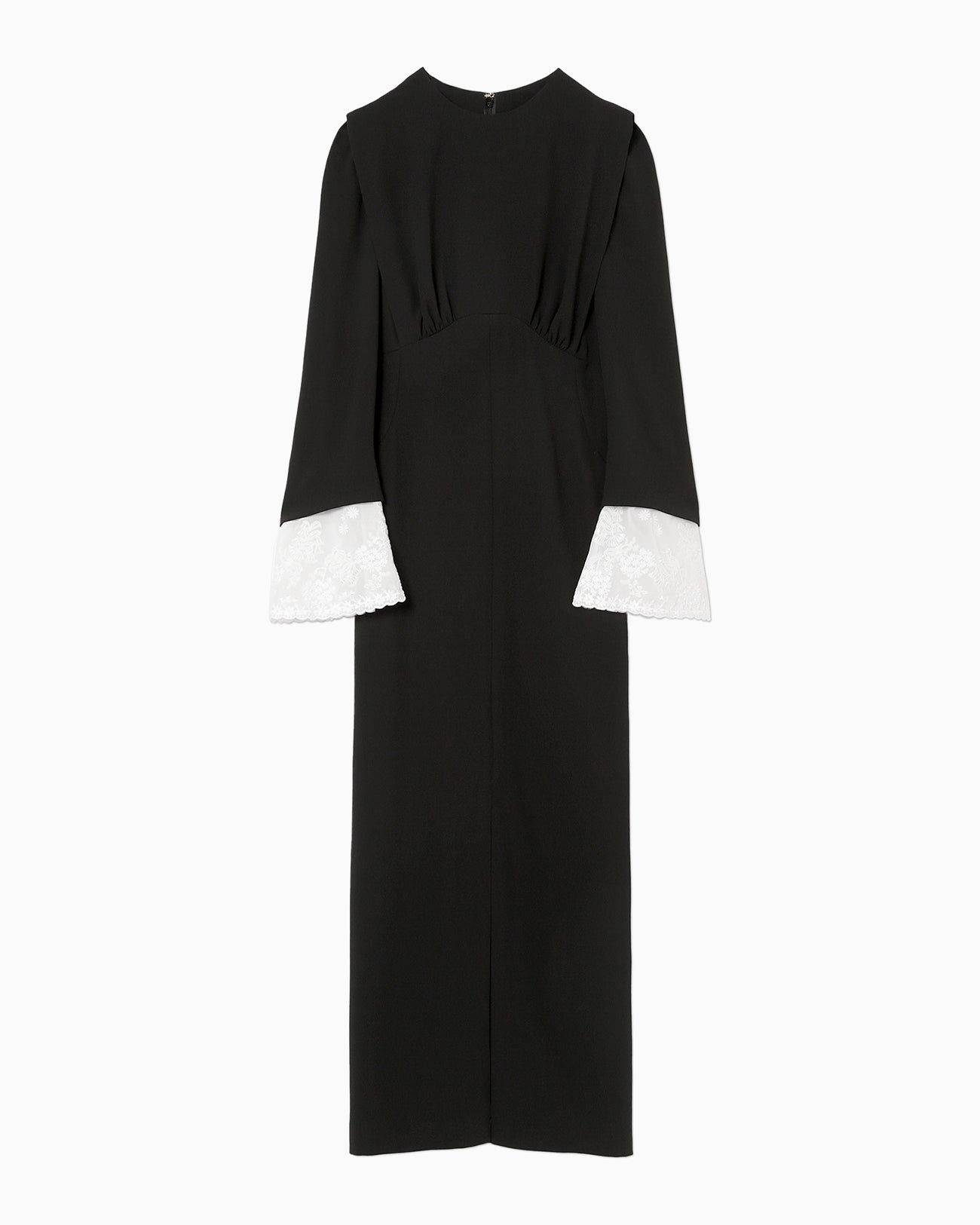 Back Satin Crepe Georgette Embroidered Cuffs I-Line Dress - black 