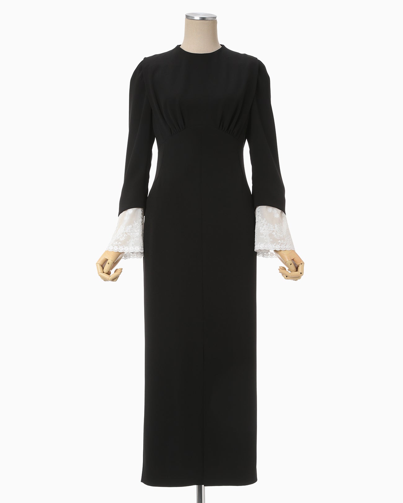 Back Satin Crepe Georgette Embroidered Cuffs I-Line Dress - black 